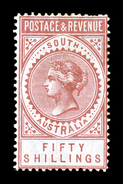 S.G. 201a, 1886 50- Dull pink, perf 11½ to 12½, brilliantly rich color and a strong impression, o.g., h.r.s, miniscule tear at bottom right, otherwise fine signed H. Bloch and
accompanied by his clear 1982 Friedl certificate (Scott 87 $2,80