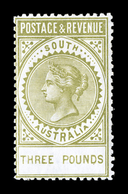 S.G. 202a, 1886 £3 Sage green, perf. 11½ to 12½, lovely rich color on clean white paper, full fresh o.g. with just a faint trace of hinging (if any), a fine example of this
scarce stamp 1996 Rendon and 2008 BPA certificates (Scott 88 $3,000.0