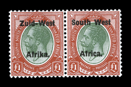 S.G. 15, 1923 £1 Red and green, second setting, pristine mint pair, glorious bright colors and vivid impression, unusually well centered, o.g., never hinged, extremely fine
quite rare in this exceptional never hinged quality (Scott 15 for hin