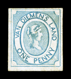 S.G. 1, 1853 1p Pale blue, a lovely appearing unused example of this rare stamp, four full to mostly large margins, strong color, faint pressed out crease and a minute closed
tear at top (called a repair on the current certificate), very fine ap