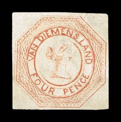 S.G. 9, 1853 4p Pale orange, a rarely seen unused copy, large balanced margins all around, some small faults, very fine appearing Gibbons does not price this particular shade
unused, cataloged as the basic shade 1979 BPA certificate ex-Sov