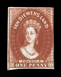 S.G. 14, 1855 1p Carmine, three full margins, close at right but clears the frame line at all points, deep luxuriant color and an excellent impression, part original gum,
nearly very fine a highly collectable example of a stamps that is almost