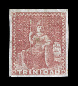 S.G. 12, 1857 (1p) Rose red on white paper, unused, four large margins, attractive color that certificate describes as pale, minor surface scuff, very fine appearance signed H.
Bloch and accompanied by a 2008 BPA certificate ex-Sovereign