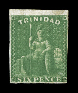 S.G. 28, 1859 6p Deep green, top sheet-margin unused single, rich bright color and a deeply etched impression, just into the design at bottom right, minute closed tear at top
right which causes a faint trace of staining, fine appearance the o