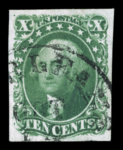 14, 10c Green, Ty. II, large even margins all around, rich color and a sharp impression, light New Orleans c.d.s., extremely fine 2009 PSE certificate (XF 90 SMQ
$375.00).