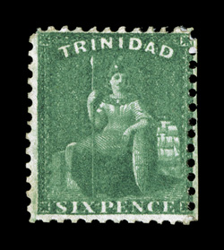S.G. 62, 1862-63 6p Deep green on thick paper, perforated 11½ to 12, outstanding color that is remarkably deep and intense, original gum, fine 2008 BPA certificate ex-Sovereign
(Scott 41 $1,350.00).