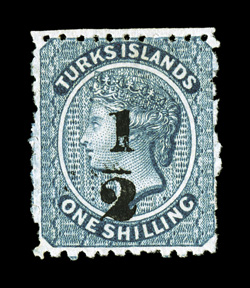 S.G. 20a, 1881 ½ on 1- Dull blue, setting 10, surcharge type 9, position 2, fresh unused example of this rare type, sumptuously rich color and a strong detailed impression,
fine this is only the second example of this stamp we have ever of