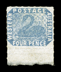 S.G. 5, 1854 4p Blue, roulette 7½ to 14, a striking bottom sheet-margin single, with full roulettes all around (a rare occurrence on these), rich color and a clean impression,
nearly full original gum, very fine a superb example of a rare mint