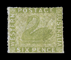 S.G. 32, 1860 6p Sage green, rouletted 7½ to 14, an exceedingly rare unused copy, with roulettes on three sides, certificate states partially reperforated, fine appearance 2008
BPA certificate ex-Sovereign (Scott 19 $5,250.00).