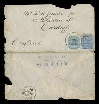 1884 cover from Zanzibar to Wales, with India ½a and 4a Queen Victoria heads tied by Aden B duplex pmk. and light blue crayon cancel, Cardiff backstamp, B.I.S.N. Co. Ltd.
handstamp on reverse, cover with edge faults and opened out for display,