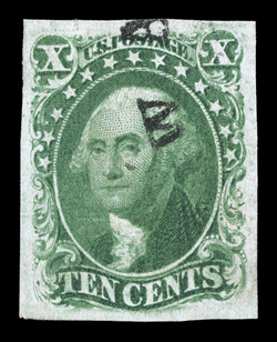 15, 10c Green, Ty. III, premium quality used example, featuring four large and perfectly balanced margins, plus its color is especially intense and its impression prooflike,
extremely fine and quite choice.