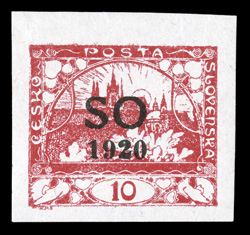 1920 5h, 10h and 25h Hradcany issue, with SO1920 overprints, nine different of the design that was not used for the issued stamps, six are imperforate, while the other three
are perf. 11½ or 13½, includes a 5h with vertical overprint and two 2