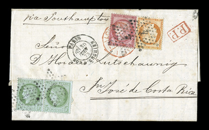 1857-1902 France inbound to Costa Rica postal history collection, a lovely and scarce group of fifteen covers, showing an interesting range of usages to San Jose, Costa Rica,
all marvelously franked with a variety of issues ranging from the imper