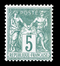 67, 1876 5c Green on greenish, Ty. 1, pristine mint single, with beautiful rich color and a strong impression on fresh paper, nicely centered, o.g., never hinged, very fine
signed A. Brun and accompanied by a 2003 Behr certificate (Yvert 64 f