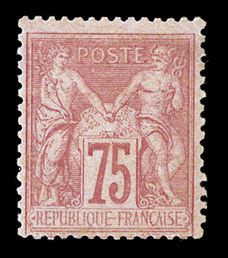 83, 1877 75c Carmine on rose, Ty.II, attractive pastel color, full original gum, lightly hinged, a fine example of this scarce mint stamp signed J.F. Brun and accompanied by a
2003 Sismondo certificate (Yvert 81 Ç2,500).