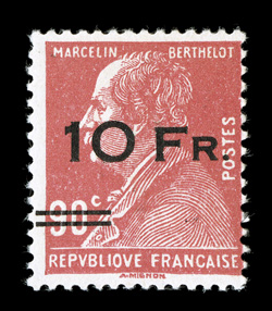C3, 1928 10Fr on 90c Ile de France air post, exceedingly bright and fresh, o.g., never hinged, fine an especially scarce stamp in never hinged condition 1964 PF certificate
(Yvert A3 Ç3,750).