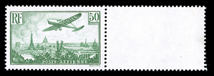 C8-14, 1936 85c-50Fr Plane over Paris cplt., with the key 50Fr being an attractive right sheet-margin single, well centered and fresh, o.g., n.h., very fine (Yvert A8-14
Ç2,285).