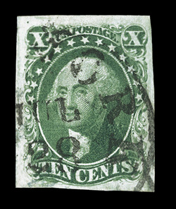 16, 10c Green, Ty. IV, lovely used single, large to extra-large margins all around, sumptuously rich color and an excellent clarity of impression, light c.d.s. postmark,
extremely fine 2007 PSE certificate (XF 90 SMQ $3,050.00).