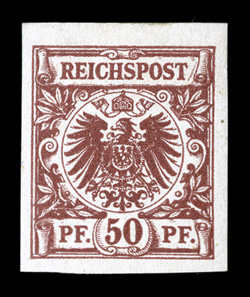 Michel 45PUIIa-50PUII, 45PUIIb, 47PUII, 1889-93 3pf-50pf Numeral-Large Eagle imperforates, these are now considered proofs from the original plates, includes the three values
from the 1889 printing - 3pf Dark ocher brown, 25pf Yellow orange and