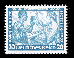 B55a, 1933 20pf + 10pf Blue, perf. 13½x14, pristine mint single, uncommonly fresh, o.g., never hinged, very fine (Michel 505B Ç950).