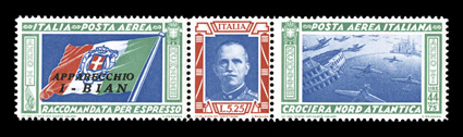 C48-49, 1933 Balbo air post triptychs cplt., each with Bian pilots name in overprint, well centered, o.g., n.h., trivial toned speck on gum of C49, very fine (Sassone 51B-52B
Ç700).