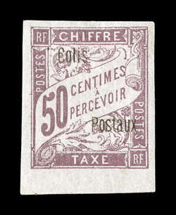 Q3, 1903 50c lilac, with ColisPostaux ovpt., large margins all around including a sizable sheet margin at bottom, rich color, o.g., minor h.r., trivial natural gum crease
mentioned only for accuracy, extremely fine a very rare stamp, especia