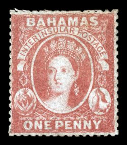 S.G. 3, 1860 1p Lake, clean cut perf. 14 to 16, a rarely encountered mint example, attractive color and a clear impression, well centered for this, part original gum (any o.g.
on this stamp is very rare), very fine this is the first mint exam