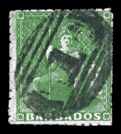 S.G. 16, 1860 (½p) Yellow green, pin-perf. 12½, used, with perforations on all four sides, bright color, 1 in oval grid cancel, fine and scarce 1978 BPA certificate (Scott 12
$800.00).