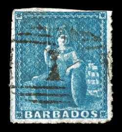 S.G. 16a, 1860 (1p) Blue, pin-perf. 12 12, used, perforations on three sides, rich color, light 1 in barred oval cancel, a fine example of this rare stamp 1992 BPA certificate
(Scott 12A $1,750.00).