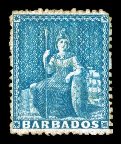S.G. 44, 1870 (1p) Blue, rough perforated 14 to 16, unused, well centered for this, strong color, faint edge staining, very fine appearance 2006 Brandon certificate (Scott 25
$2,000.00).