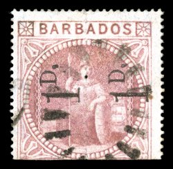 S.G. 86b, 1878 1D. Surcharge on half of 5- Rose, unsevered pair, neat bootheel cancel, attractive color, very fine for this rare unsevered pair ex-Dale-Lichtenstein (Scott 57a
$2,800.00).