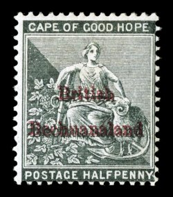 S.G. 1b, 1885 ½p Grey black, with double British Bechuanaland overprint in both lake and black, a seldom offered mint example of this attractive error, centered a bit to
bottom as all examples are found, o.g., h.r., fine 1950 BPA and 2004 Bra