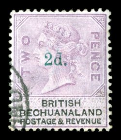S.G. 23c, 1888 2d. Green surcharge on 2p Lilac and black, a used example of this extremely rare green surcharge, unusually well centered, small portion of c.d.s. pmk. confined
to the bottom left, very fine the green surcharge comes from one 2
