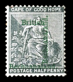 S.G. 30c, 1889 ½p Gray Black, with green British Bechuanaland overprint double, one vertical, position R.13, quite fresh, full o.g., lightly hinged, a fine example of this
elusive error ex-Inglefield-Watson (Scott 29b unpriced).