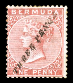 S.G. 12, 1874 Three Pence provisional surcharge Ty. 6 on 1p Rose red, strong rich color, centered a bit to left as all known genuine examples are found, large part o.g., small
h.r., actually very fine for this.Only one lower left pane of 60