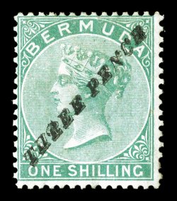 S.G. 13, 1874 Three Pence surcharge Ty. 6 on 1- Green, surcharged in italic capitals with plain P, strong color and impression, o.g., h.r., fine an especially desirable
example of this rare stamp, particularly when one compares this to mos