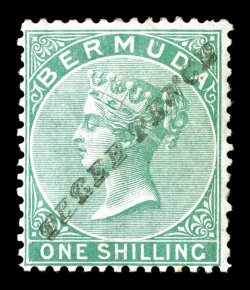 S.G. 13b, 1874 Three Pence surcharge Ty. 6a on 1- Green, rich color, full o.g., lightly hinged, fine an especially difficult stamp to find both sound and with full original
gum 1935 and 1992 BPA certificates (Scott 12a $2,300.00).