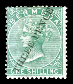 S.G. 14, 1874 Three Pence surcharge Ty. 7 on 1- Green, excellent color that is uncommonly strong and rich, large part o.g., fine a fresh example of this very scarce stamp 1990
Brandon and 1992 RPS certificates (Scott 10 $1,700.00).