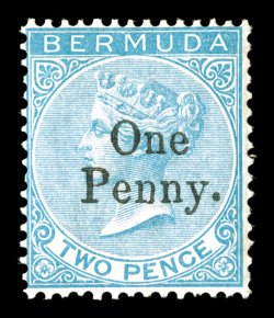 S.G. 15, 1875 OnePenny. surcharge on 2p Bright blue, exceedingly bright and fresh, full o.g., lightly hinged, fine 2007 Sismondo certificate (Scott 13
$875.00).