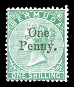 S.G. 17, 1875 OnePenny. surcharge on 1- Green, brilliantly rich color, full o.g., lightly hinged, fine 2005 Brandon certificate (Scott 15 $625.00).