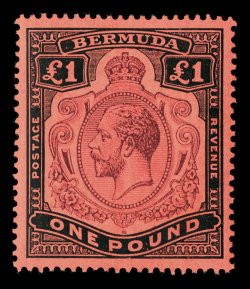 S.G. 55, 1918 £1 Purple and black on red, exceptionally well centered, deep colors, o.g., lightly hinged, extremely fine (Scott 54 $400.00).