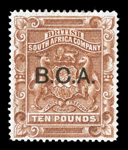 S.G. 17, 1891 £10 Brown, with B.C.A. ovpt., an outstanding mint example of this rare high value, featuring lovely color that is especially rich and fresh, uncharacteristically
well centered, full o.g., trivial h.r., choice very fine a marvelo