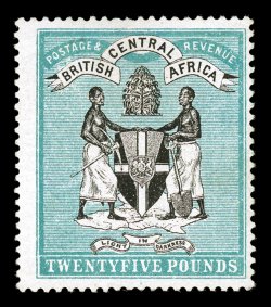 S.G. 31, 1895 £20 Black and blue green Coat of Arms, an impressive mint example of this rare high value, possessing strong rich colors and crisp impressions on bright white
paper, full o.g., lightly hinged, overall very fine sound original gum