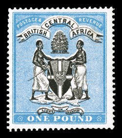 S.G. 40, 1896 £1 Black and blue Coat of Arms, lovely vibrant colors on brilliantly white paper, some scissor cut perforations, o.g. that is slightly disturbed from hinging,
fine (Scott 40 $1,100.00).