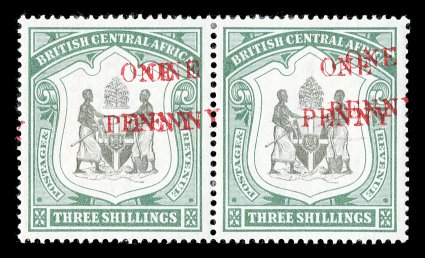 S.G. 53c, 1897 ONEPENNY surcharge on 3- Black and green, double surcharge, an impressive mint horizontal pair, with each stamp showing a distinctive double surcharge, the
second strike being shifted more strongly diagonally, well centered an