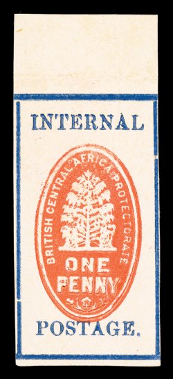 S.G. 56a, 1898 1p Vermilion and deep ultramarine, setting II, without control number on back, imperforate, a rare unused top sheet-margin single, bright colors, clear to large
margins around, vertical crease and a horizontal crease in the selvag