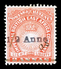 S.G. 20, 1891 ½ Anna Mombasa provisional surcharge on 2a Vermilion, initialed A.D., especially bright and fresh, uncharacteristically well centered, part o.g., very fine a
most impressive mint example of this rare provisional only six mi