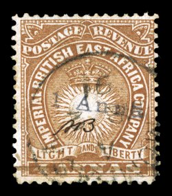 S.G. 21, 1891 1 Anna Dull violet Mombasa provisional surcharge on 4a Brown, initialed A.B., used, rich color, light c.d.s. cancel, a few faintly toned perf. tips at left,
otherwise a fine example of this scarce provisional clear 2000 Brando