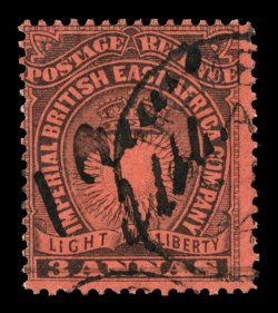 S.G. 25, 1891 1 anna Mombasa provisional manuscript surcharge on 3a Black on dull red, initialed V.H.M., used, strong colors, light c.d.s. cancel, fine and rare 2003 APS
certificate (Scott 34A $2,250.00).