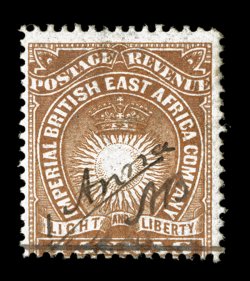 S.G. 26, 1891 1 Anna Mombasa provisional surcharge on 4a Brown, initialed A.B, a remarkably fresh mint single of this very rare stamp, rich bright color, full original gum
that has been lightly hinged, fine fewer than ten mint copies have